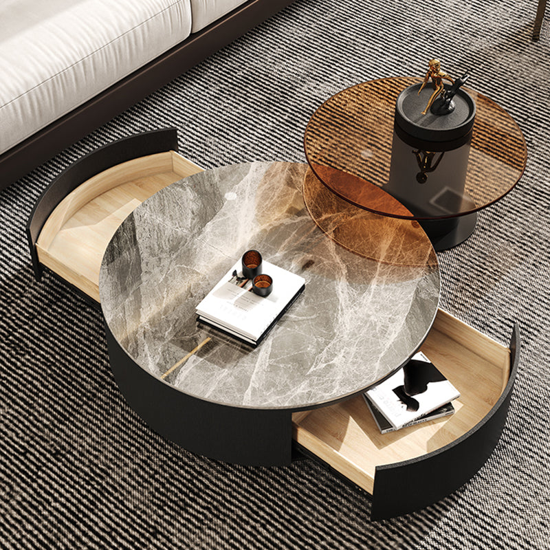 Round White Wood Coffee Table Modern Cocktail Table with Storage