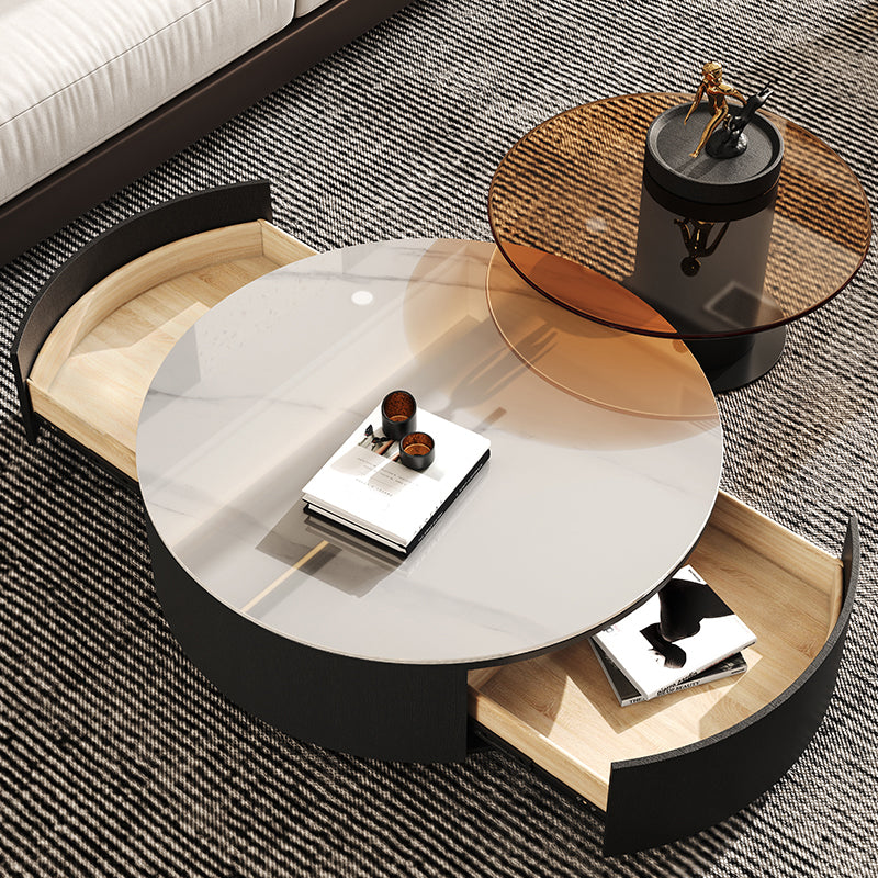 Round White Wood Coffee Table Modern Cocktail Table with Storage