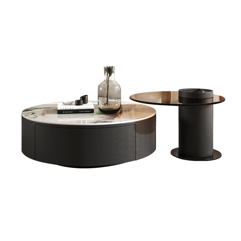 Round White Wood Coffee Table Modern Cocktail Table with Storage