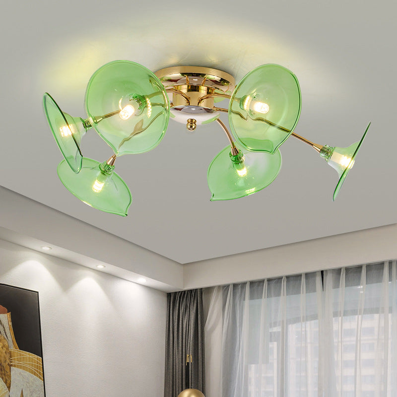 Gold Flared Semi Flush Light Fixture Post Modern 6-Bulb Green/Clear Glass Flush Mounted Lamp for Living Room