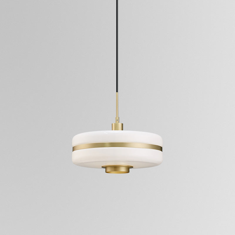 White Glass Drum Pendant Ceiling Light Modern 1 Light Gold Suspension Light for Living Room