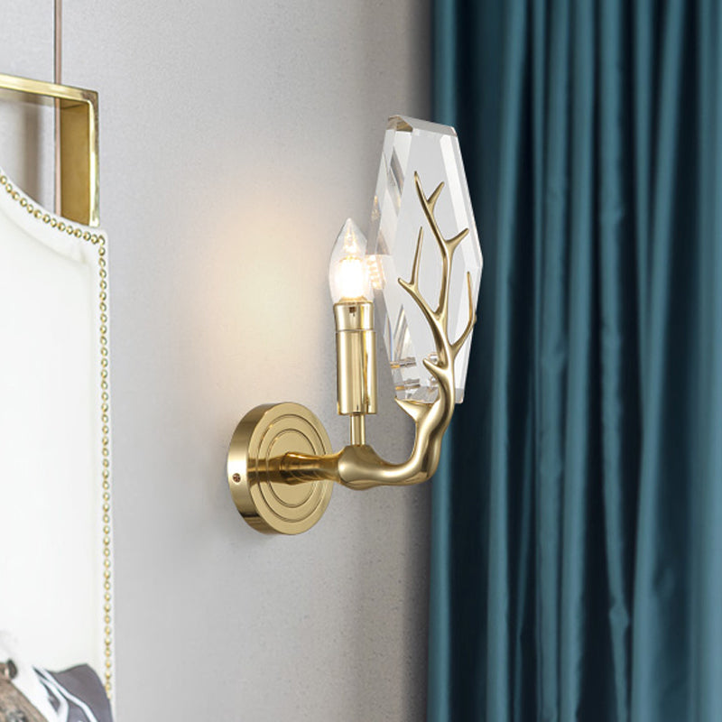 Hexagon Pannel Sconce Light Aymator Modernisme Crystal 1 Bulbe Murmont de murs en or avec déco de bois