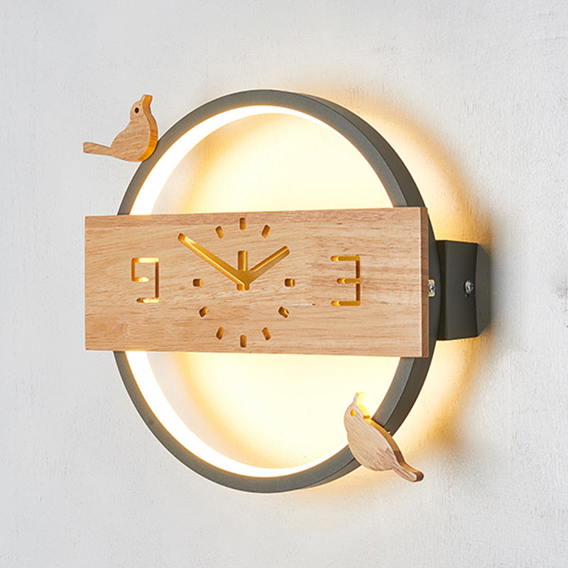Circle Shape Wall Lighting Modern Style Wood 1 Light Sconce Lamp for Living Room