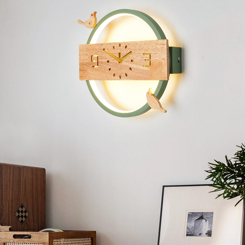Circle Shape Wall Lighting Modern Style Wood 1 Light Sconce Lamp for Living Room