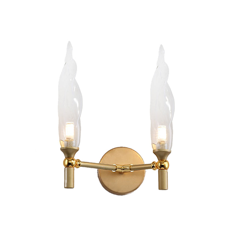 Double Arm Wall Lighting Modernism Metal 2 Bulbs Living Room Wall Mount Sconce in Gold with Torch Clear Glass Shade