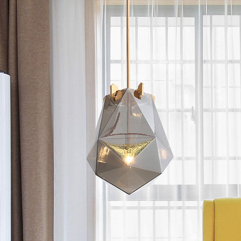 1 pendentif de chambre à coucher léger Gris fumé moderne / Cognac Lumière suspendue avec une teinte en verre géométrique, 10 "/ 14" de large