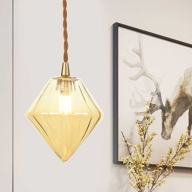 Diamond Pendant Light Fixture Contemporary Amber/Clear Glass 1 Light 3"/4" Wide Dining Room Hanging Lamp Kit