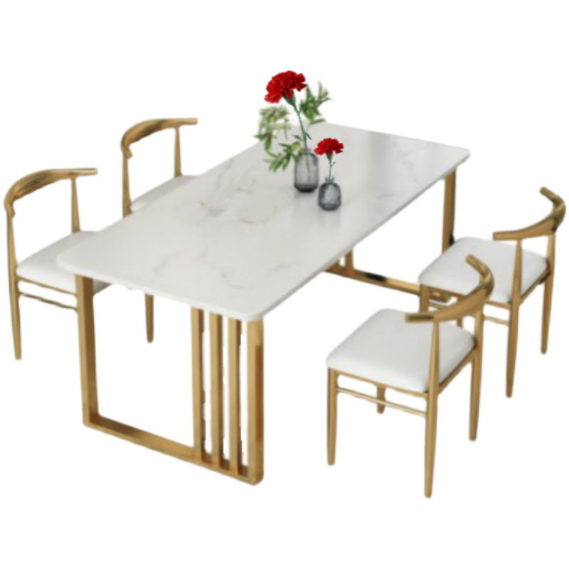 Glam Stone Dining Table Rectangle Iron Table with Double Pedestal Table