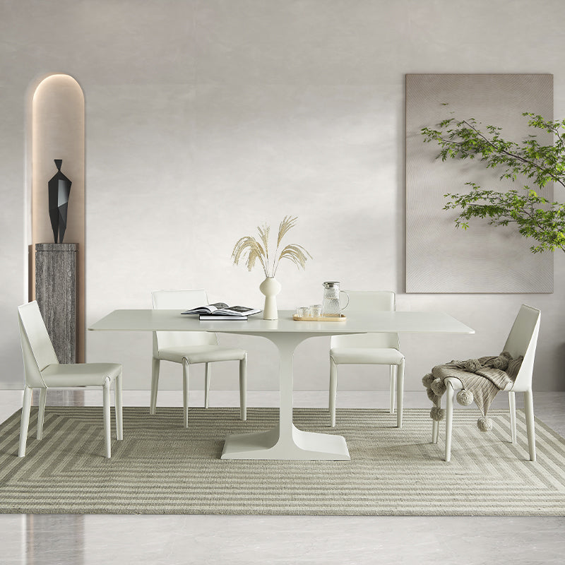 White Stone and Steel Dinner Table Rectangle Pedestal Casual Dining Table