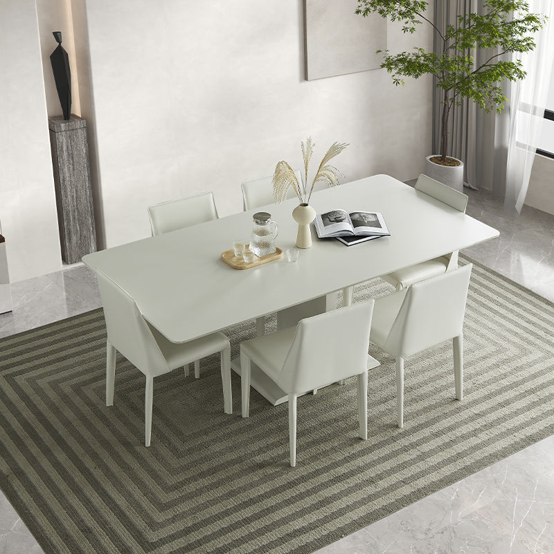 White Stone and Steel Dinner Table Rectangle Pedestal Casual Dining Table