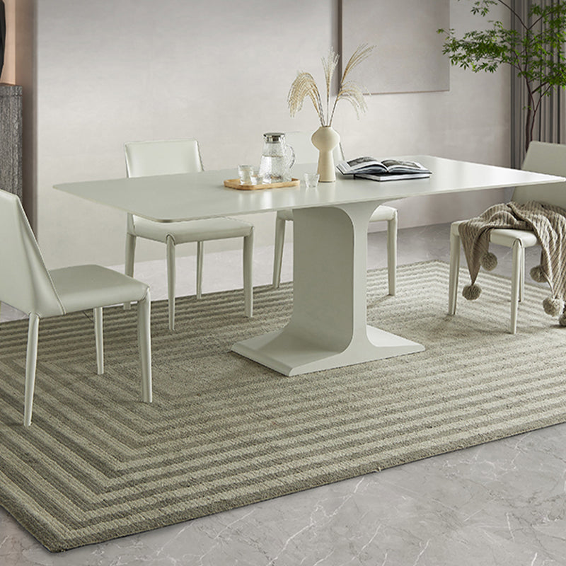 White Stone and Steel Dinner Table Rectangle Pedestal Casual Dining Table