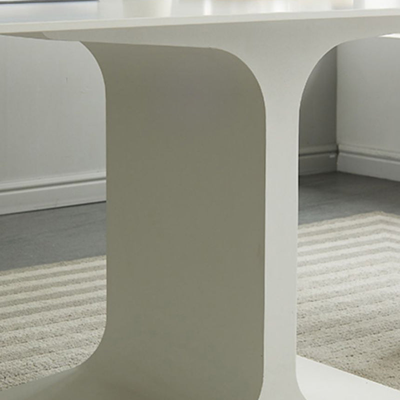 White Stone and Steel Dinner Table Rectangle Pedestal Casual Dining Table