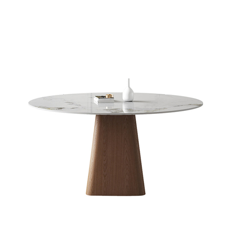 Modern Stone White Dining Table Round Furniture with Solid Wood Pedestal Base