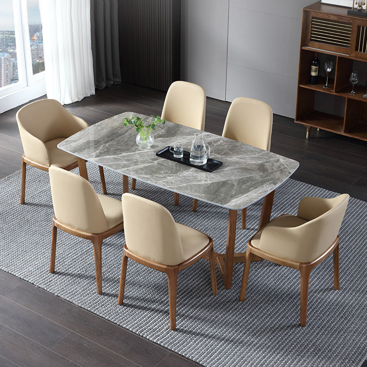 Modern Style Dining Table Sintered Stone Trestle Table with Wooden Base
