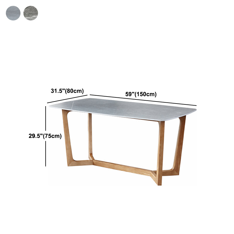 Modern Style Dining Table Sintered Stone Trestle Table with Wooden Base