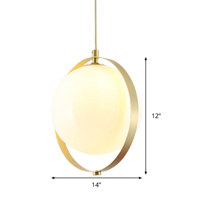 Globe White Glass Hanging Light Kit Modern 1 Light Pendant Lighting with Brass Ring