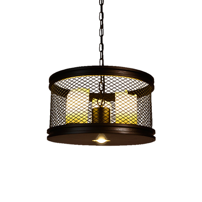 Black Drum Shade Chandelier Industrial Metal and Resin 3-Light Living Room Pendant Lighting Fixture with Cage