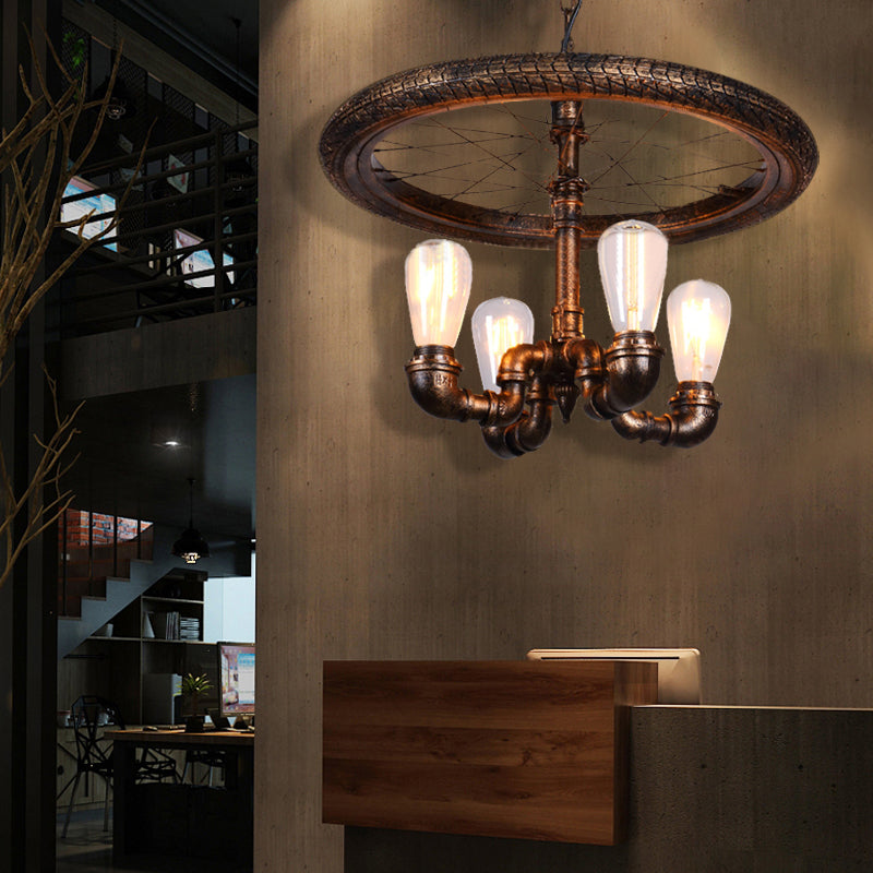 Wagon Wheel Metal Light Chandelier Retro Rustic 4-Light Dining Room Pendant Lighting in Bronze