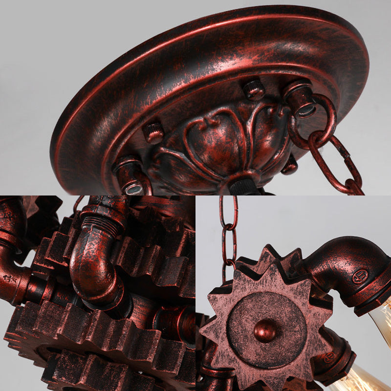 Gear Living Room Pendant Chandelier Vintage Wrought Iron 9 Lights Weathered Copper Hanging Fixture with Chain