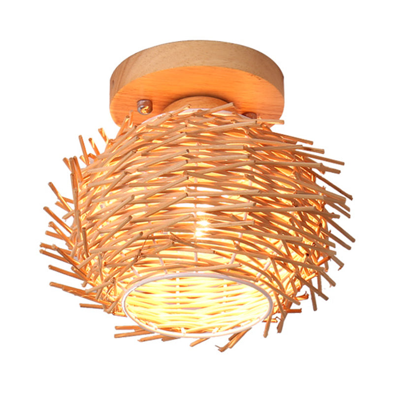 Rustieke Handgemaakte Flush Mount Lamp Bamboe 1 Bulb Plafond Mount Lamp in Hout voor Woonkamer