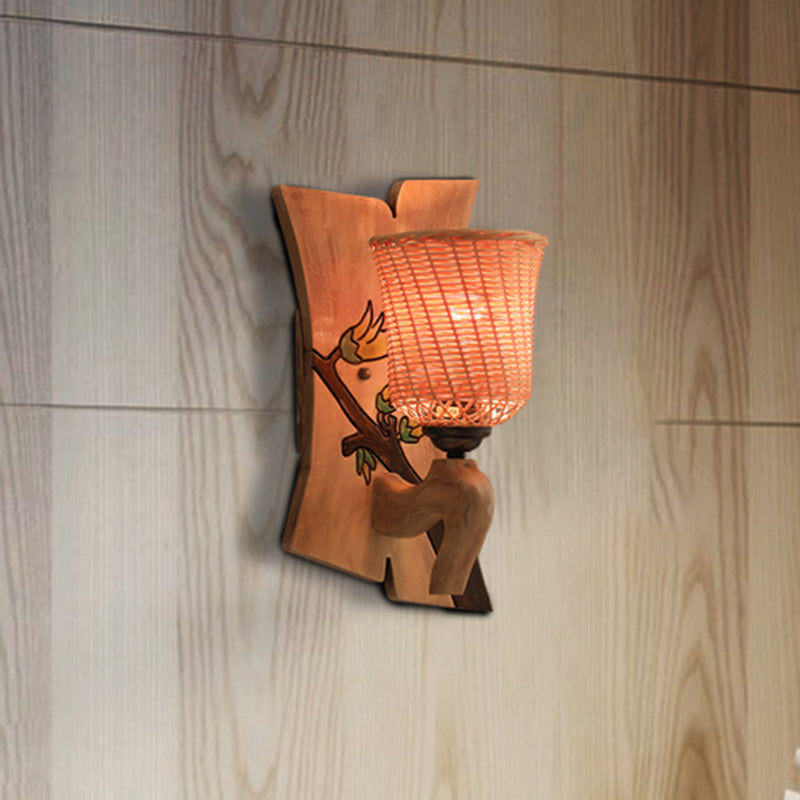 Bollitore in legno/campana/tromba sconce leggera tradizionale bambù 1 lampadina su/giù lampada montata a parete con emicilindro/piastra posteriore a blocchi