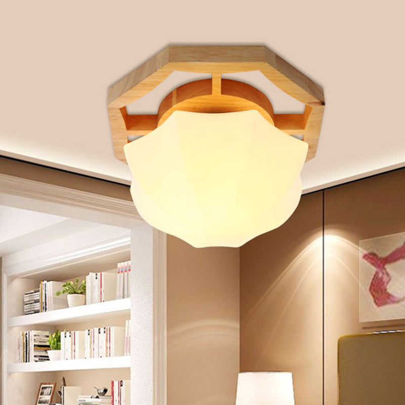 Umbrella Flush Mount Modernism Milk Glass Beige LED Flush Mount Lamp with Wood Canopy, 10"/13"/16.5" Wide
