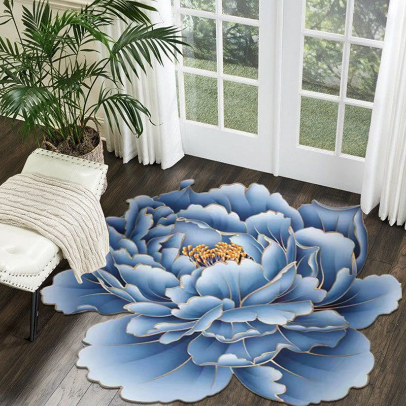 Blue Flower Carpet Polyester Simple Carpet Washable Carpet for Living Room