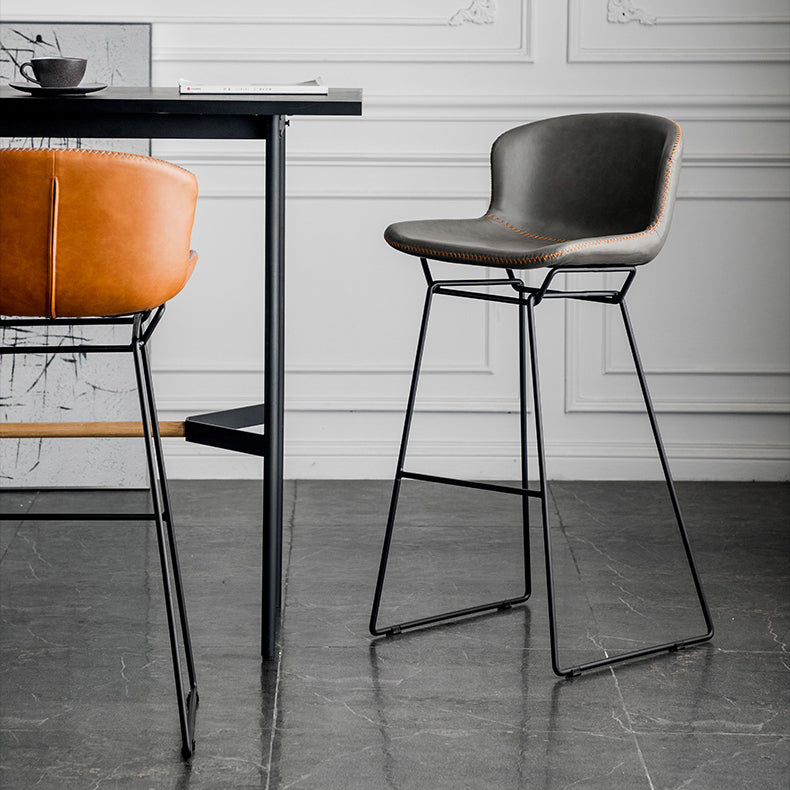 Industrial Iron Barstool Distressed Low Back Indoor Tall Stool with Faux Leather Seat