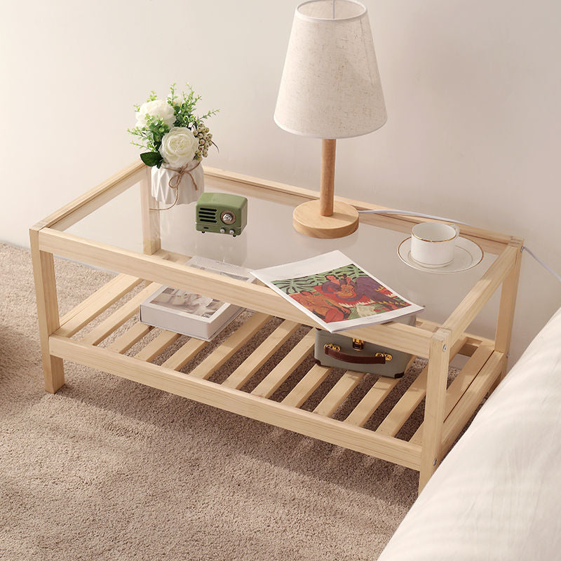Modern 4 Legs Wood Base Rectangular Acrylic Top Coffee Table with Shelf