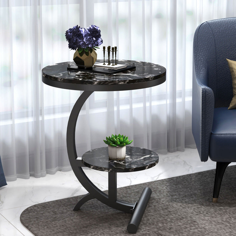 23.6" Tall Metal C Side Table Modern Round Black/White Marble End Table