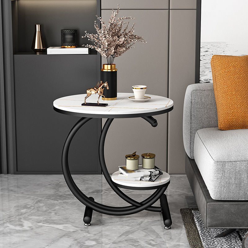 Modern Metal Black/Gold C Side Table Slate Round End Table with Storage
