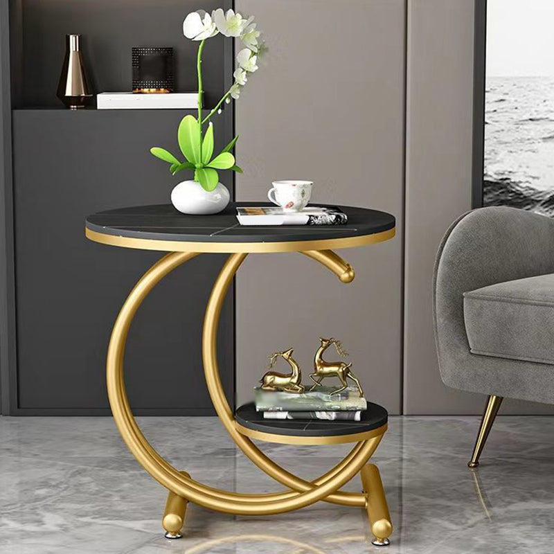 Modern Metal Black/Gold C Side Table Slate Round End Table with Storage