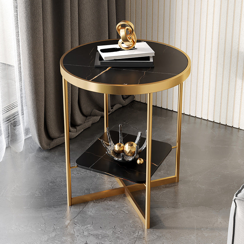Dia 15.7"/19.7" Stone/Glass Round Side Table Shelf Included Cross Legs End Table