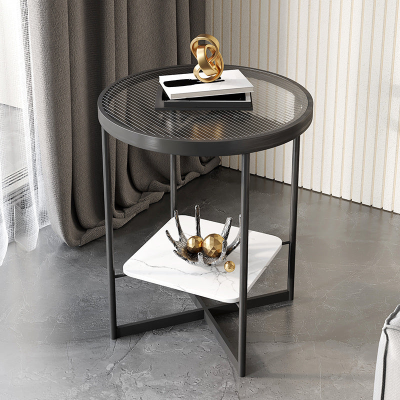 Dia 15.7"/19.7" Stone/Glass Round Side Table Shelf Included Cross Legs End Table