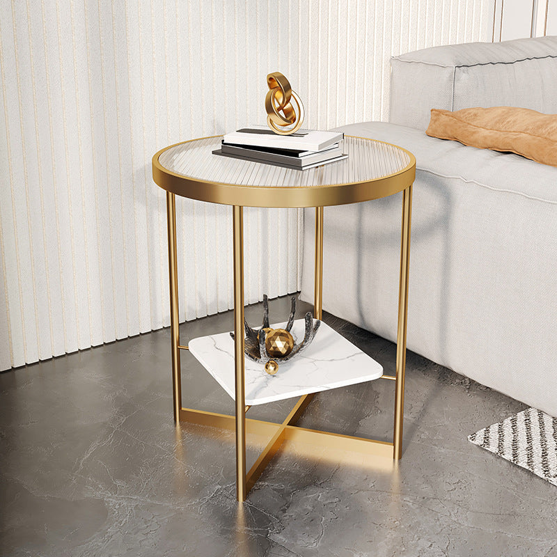 Dia 15.7"/19.7" Stone/Glass Round Side Table Shelf Included Cross Legs End Table