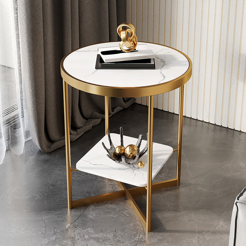 Dia 15.7"/19.7" Stone/Glass Round Side Table Shelf Included Cross Legs End Table