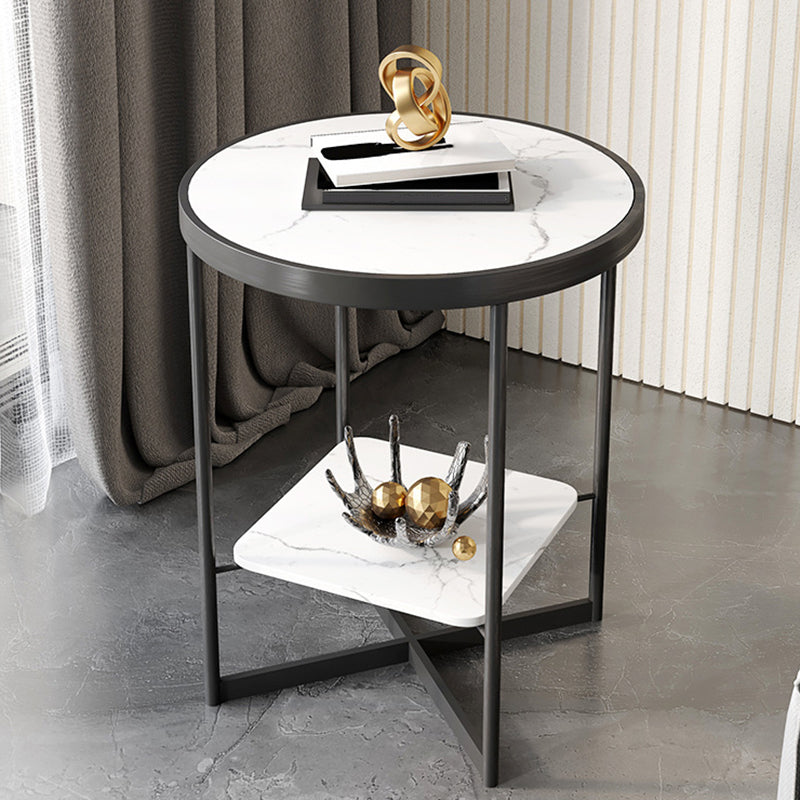 Dia 15.7"/19.7" Stone/Glass Round Side Table Shelf Included Cross Legs End Table