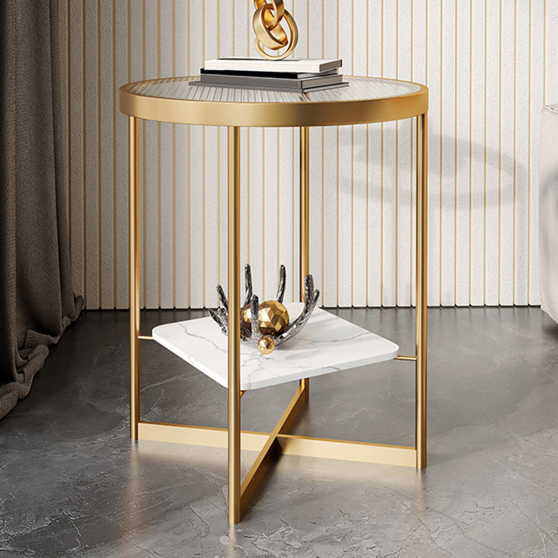 Dia 15.7"/19.7" Stone/Glass Round Side Table Shelf Included Cross Legs End Table