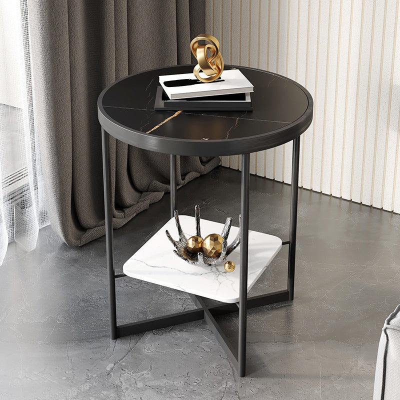 Dia 15.7"/19.7" Stone/Glass Round Side Table Shelf Included Cross Legs End Table