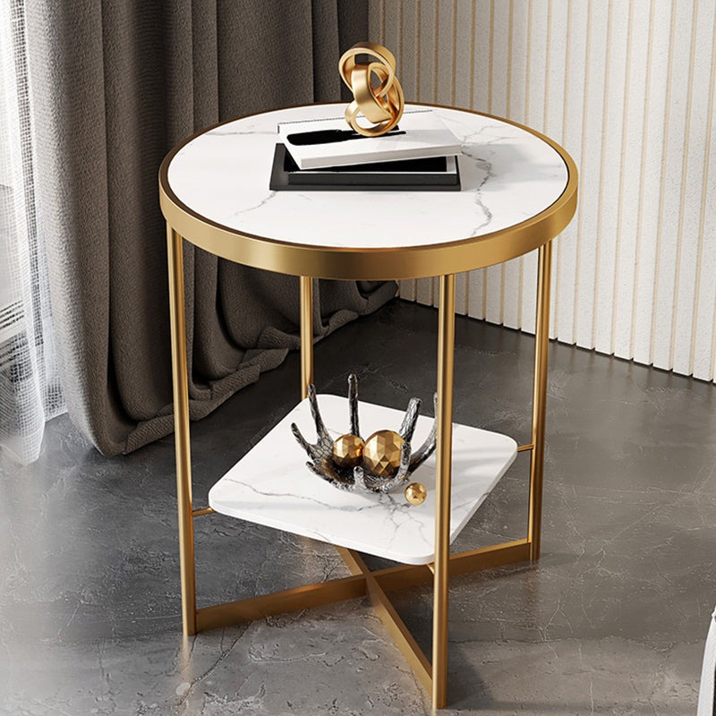 Dia 15.7"/19.7" Stone/Glass Round Side Table Shelf Included Cross Legs End Table