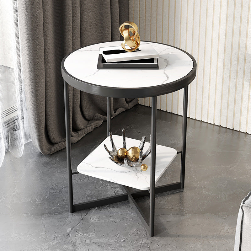 Dia 15.7"/19.7" Stone/Glass Round Side Table Shelf Included Cross Legs End Table