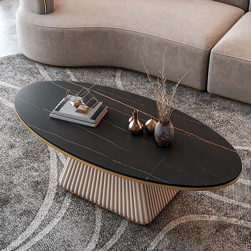 Square Block Base Design Rock Plate Top Metal Base Oval Coffee Table
