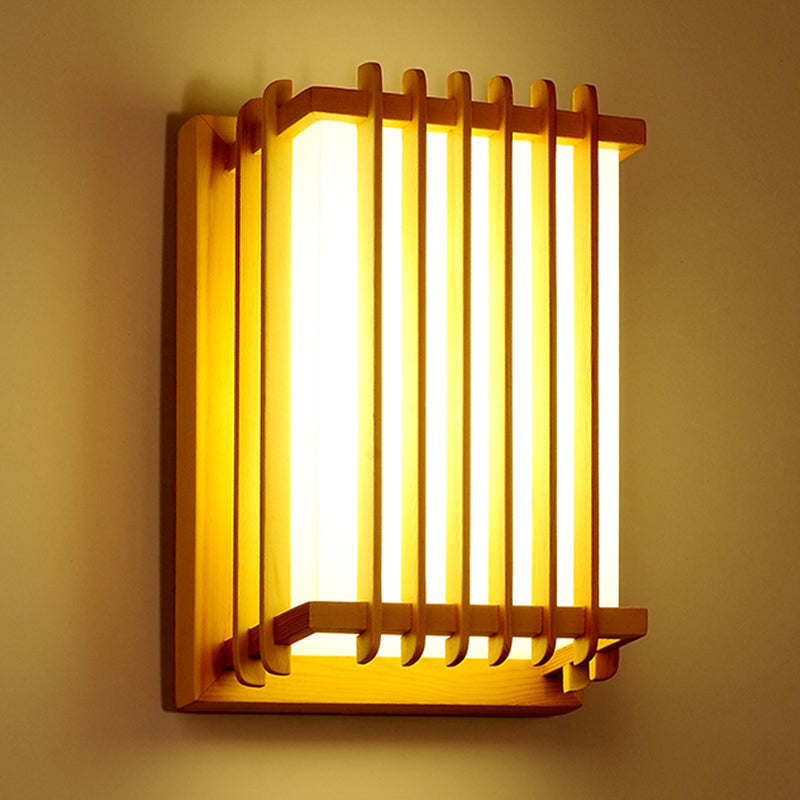 Japanese Style Wooden Wall Light Cuboid LED Wall Lamp with PVC Shade for Living Room