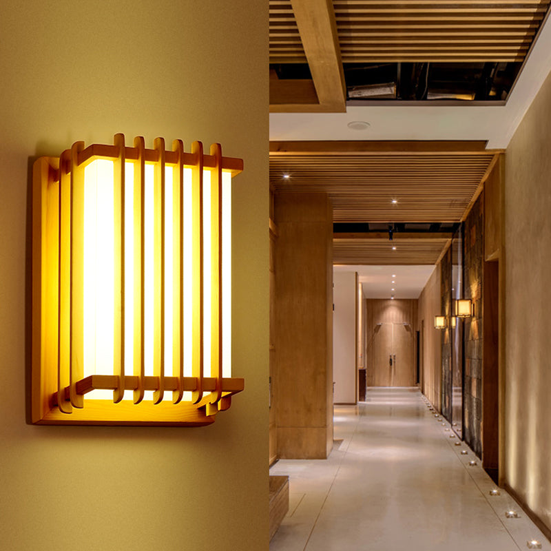 Japanese Style Wooden Wall Light Cuboid LED Wall Lamp with PVC Shade for Living Room