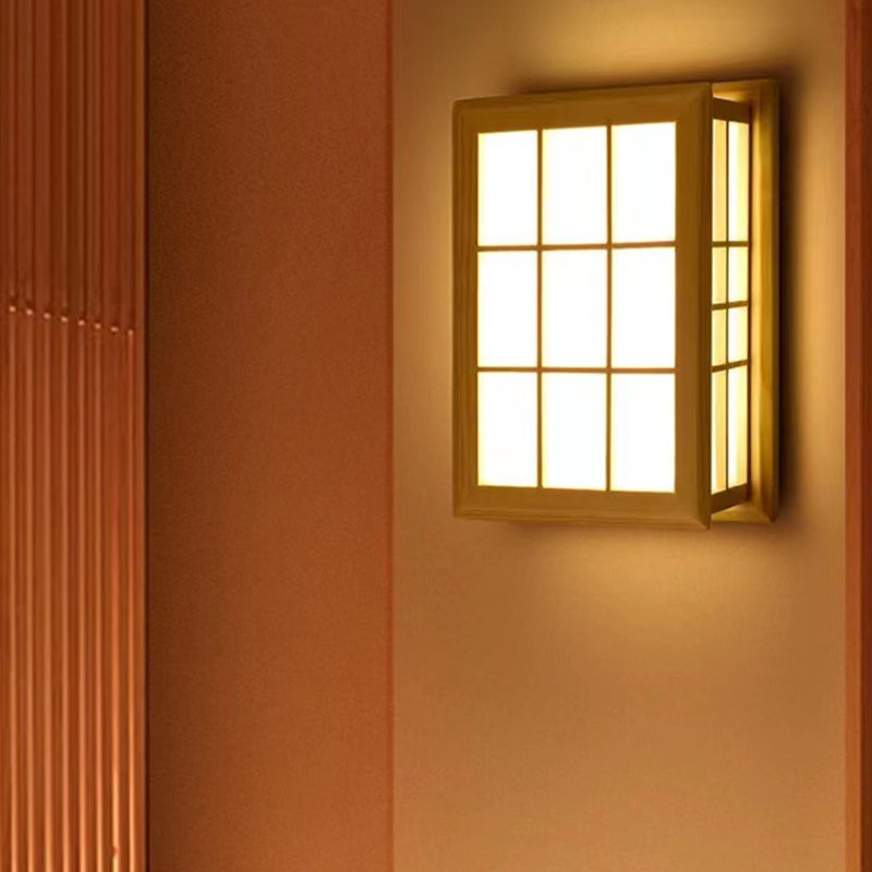 Japanese Style Wooden Wall Light Cuboid LED Wall Lamp with PVC Shade for Living Room