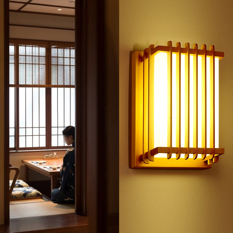 Japanese Style Wooden Wall Light Cuboid LED Wall Lamp with PVC Shade for Living Room