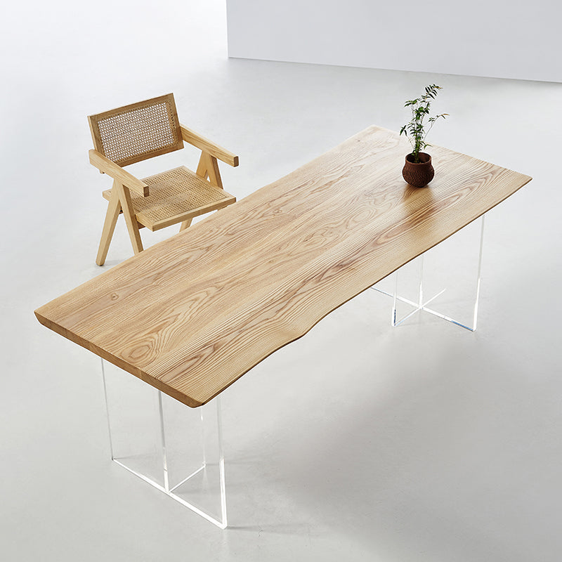 Natural Ash Wood Dining Table Rectangle Clear Acrylic Double Pedestal Table
