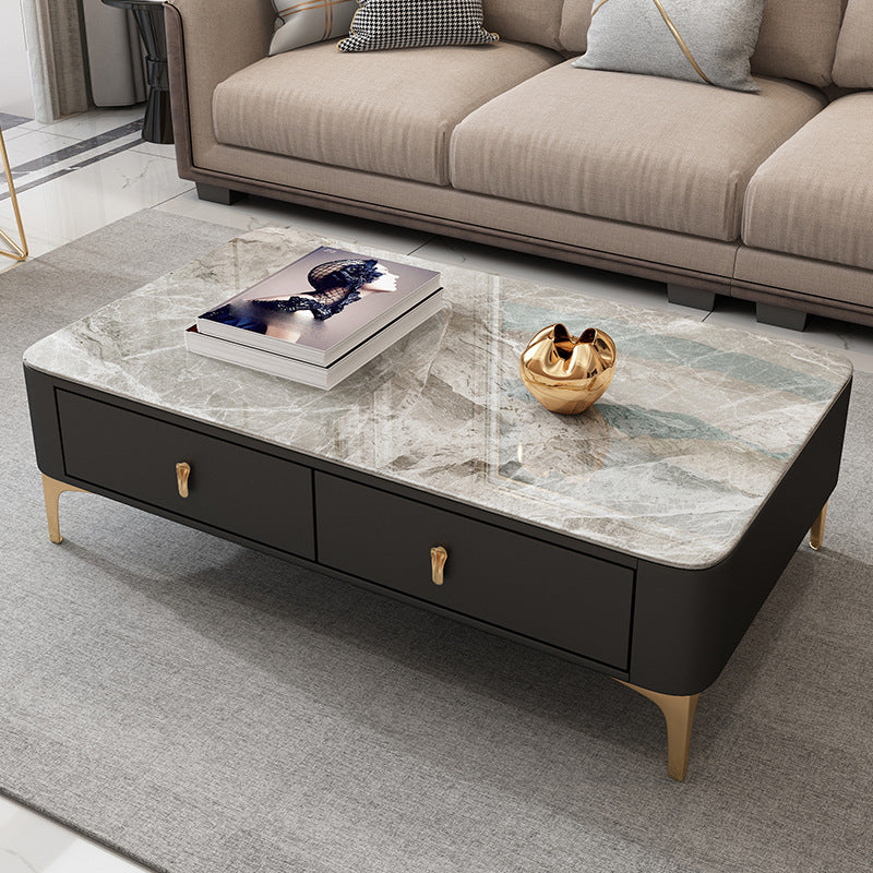 Modern Rectangular Stone Coffee Cocktail Table with Drawers, 47.2" W x 23.6" D x 15.7" H