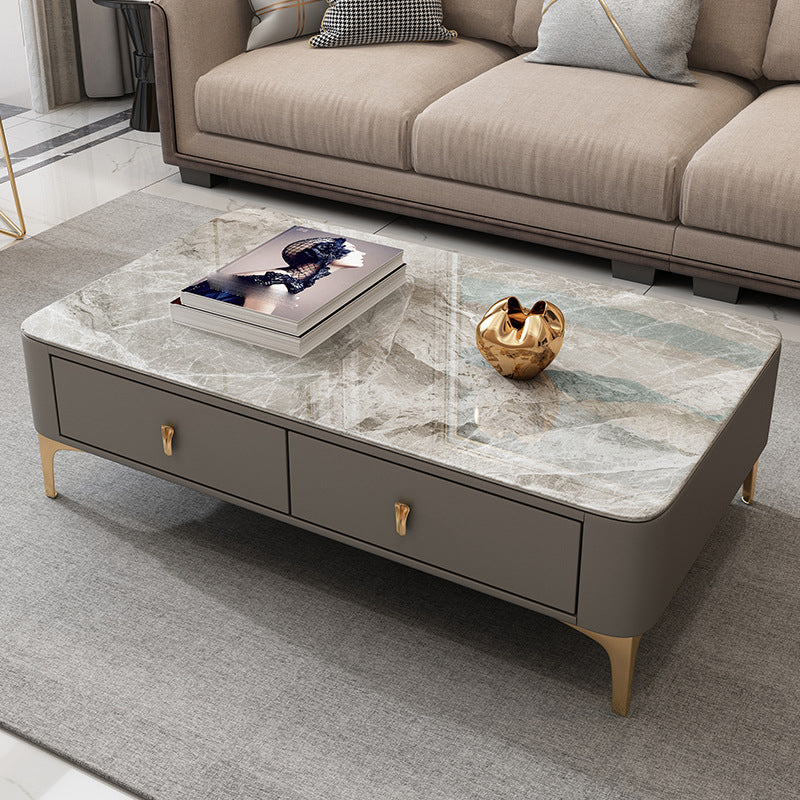 Modern Rectangular Stone Coffee Cocktail Table with Drawers, 47.2" W x 23.6" D x 15.7" H