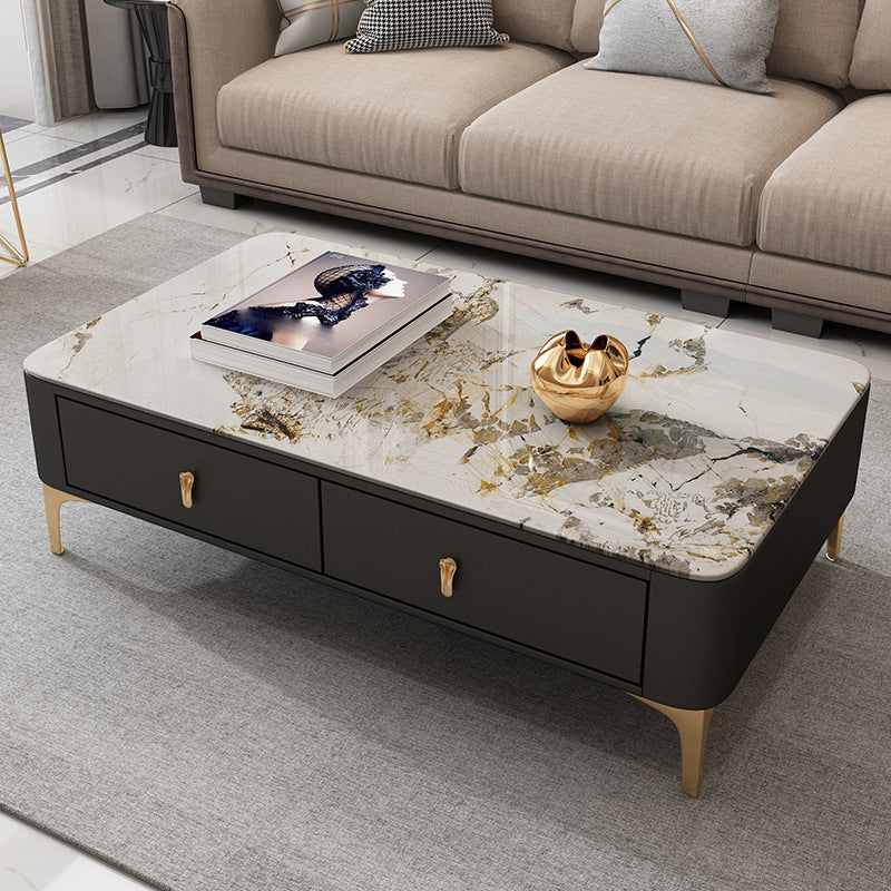 Modern Rectangular Stone Coffee Cocktail Table with Drawers, 47.2" W x 23.6" D x 15.7" H